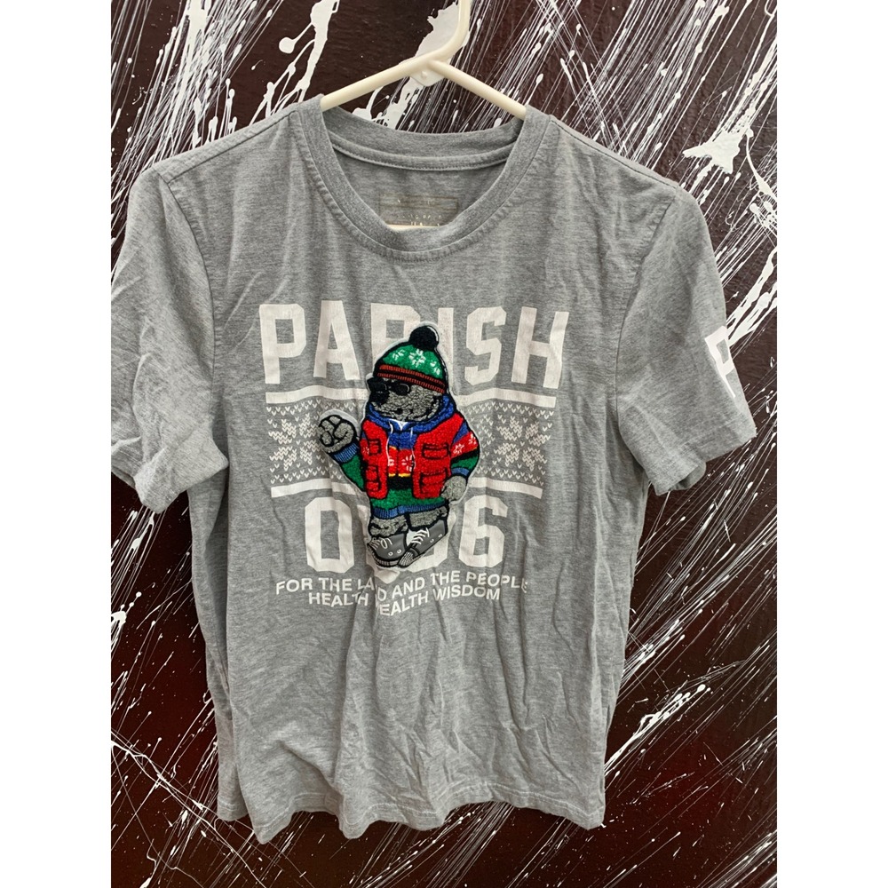 Parish Nation Mens Small Gray Bear Chenille Patch Graphic T-Shirt Short Sleeve